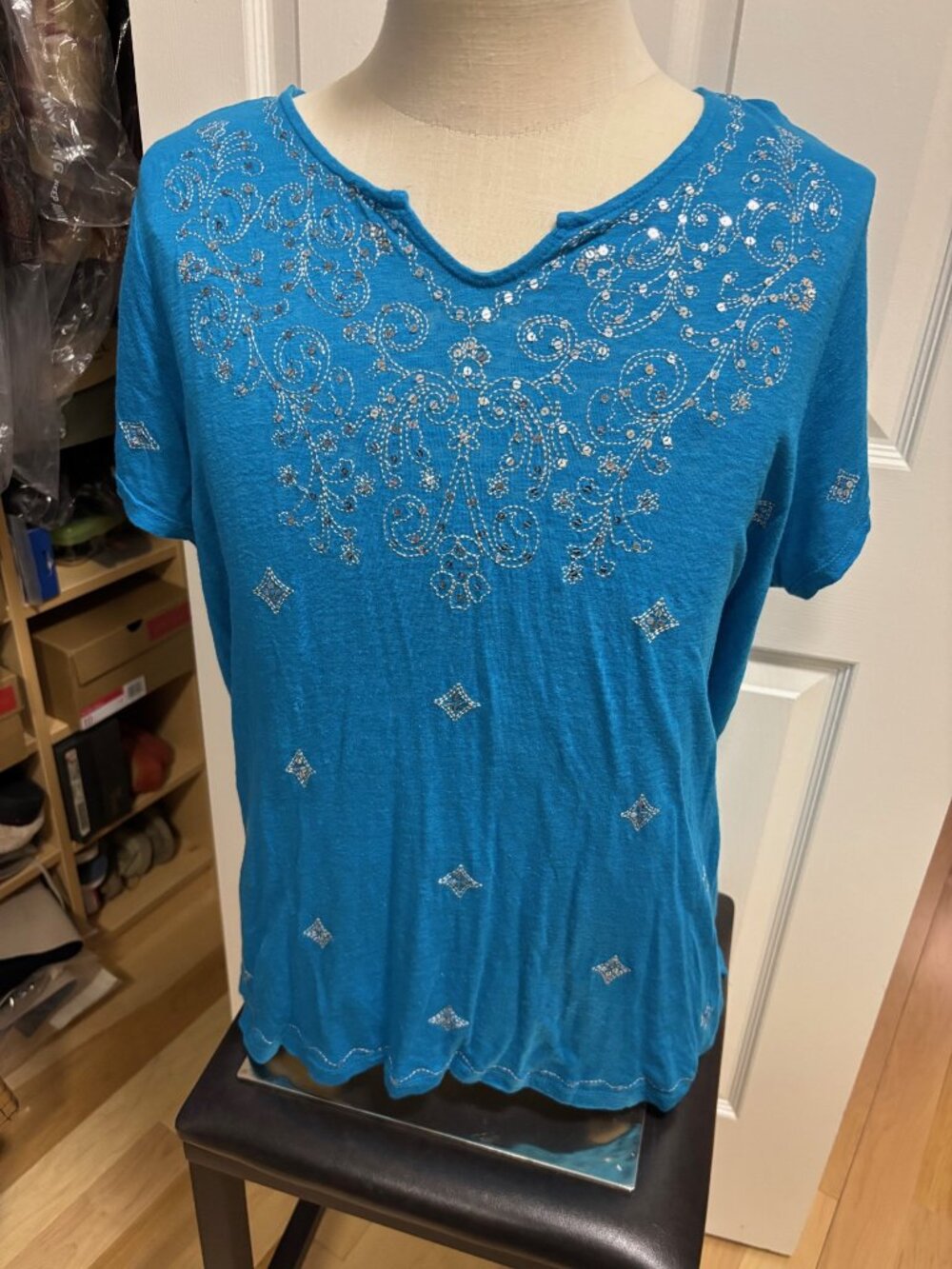 Turquoise sequin & Embroidered top